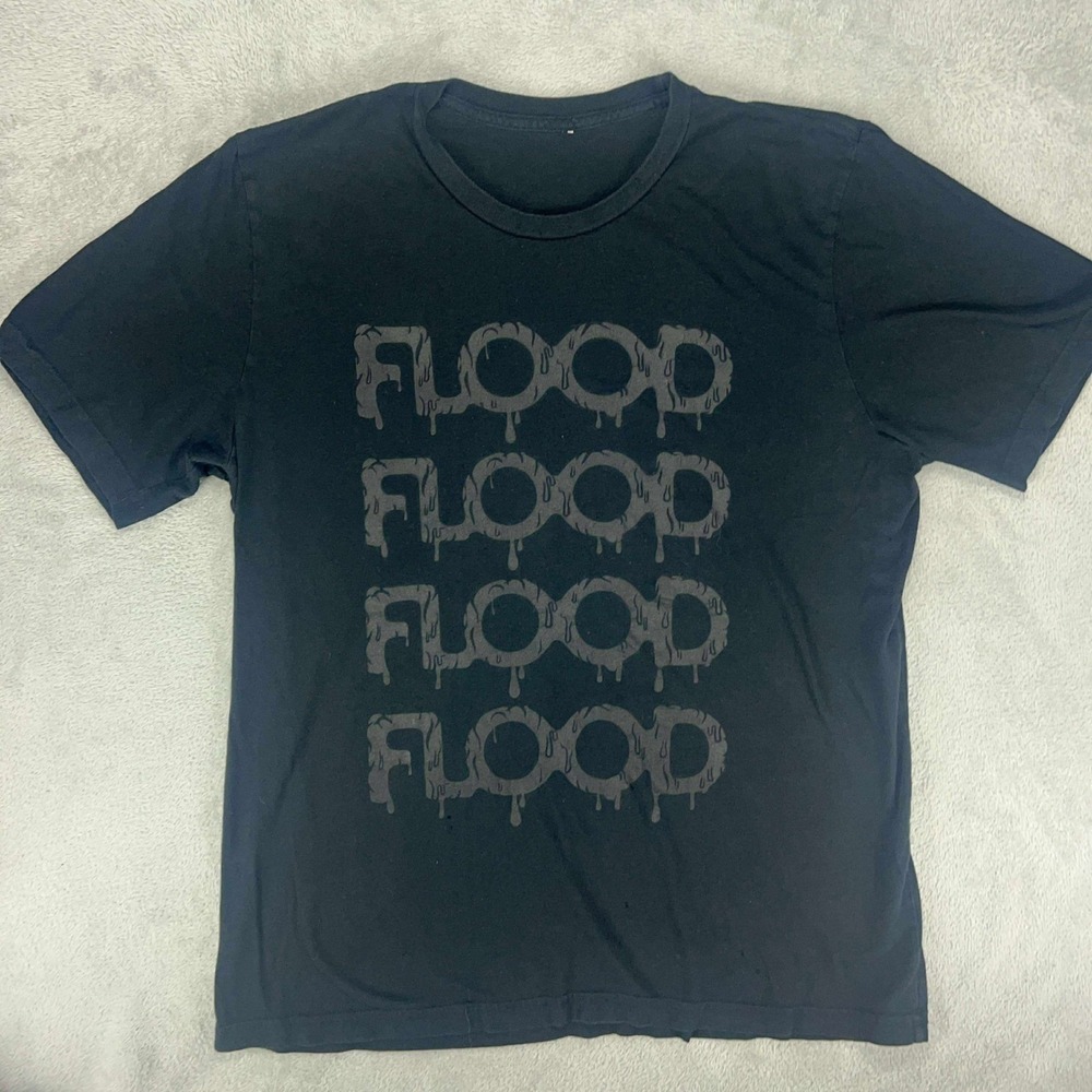 FLOOD MAGAZINE Graphic Print T-Shirt Short Sleeve Casual Top Black Tee large